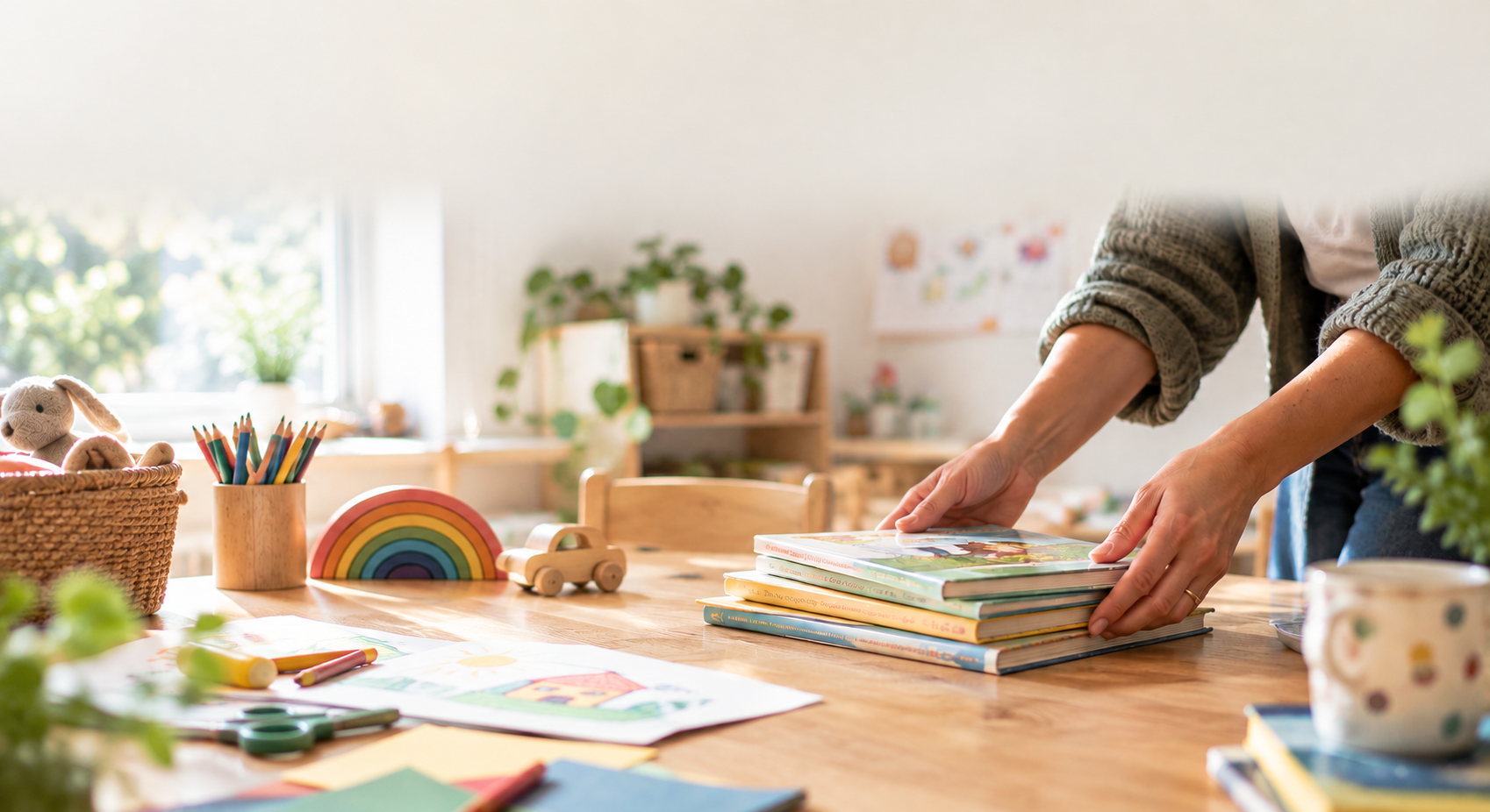 Hände die einen Tisch für die Arbeit mit Kindern vorbereiten. Foto: KI-generiert durch die Stadt Oldenburg – KI-generiert durch die Stadt Oldenburg