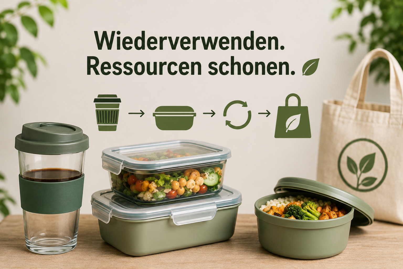 Mehrwegverpackungen für Getränke und Speisen. Foto: KI-generiert durch die Stadt Oldenburg – KI-generiert durch die Stadt Oldenburg