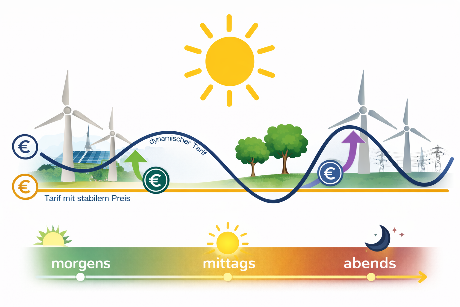 Grafik zur Veranschaulichung schwankender Energiepreise über Tagesverlauf. Grafik: KI-generiert durch die Stadt Oldenburg – KI-generiert durch die Stadt Oldenburg